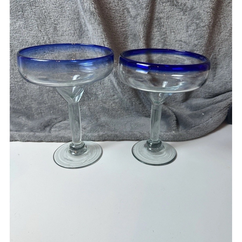 Set Of 2 Cobalt Rim blue Mexican hand blown 4.5" Margarita Glasses Heavy - Picture 4 of 5